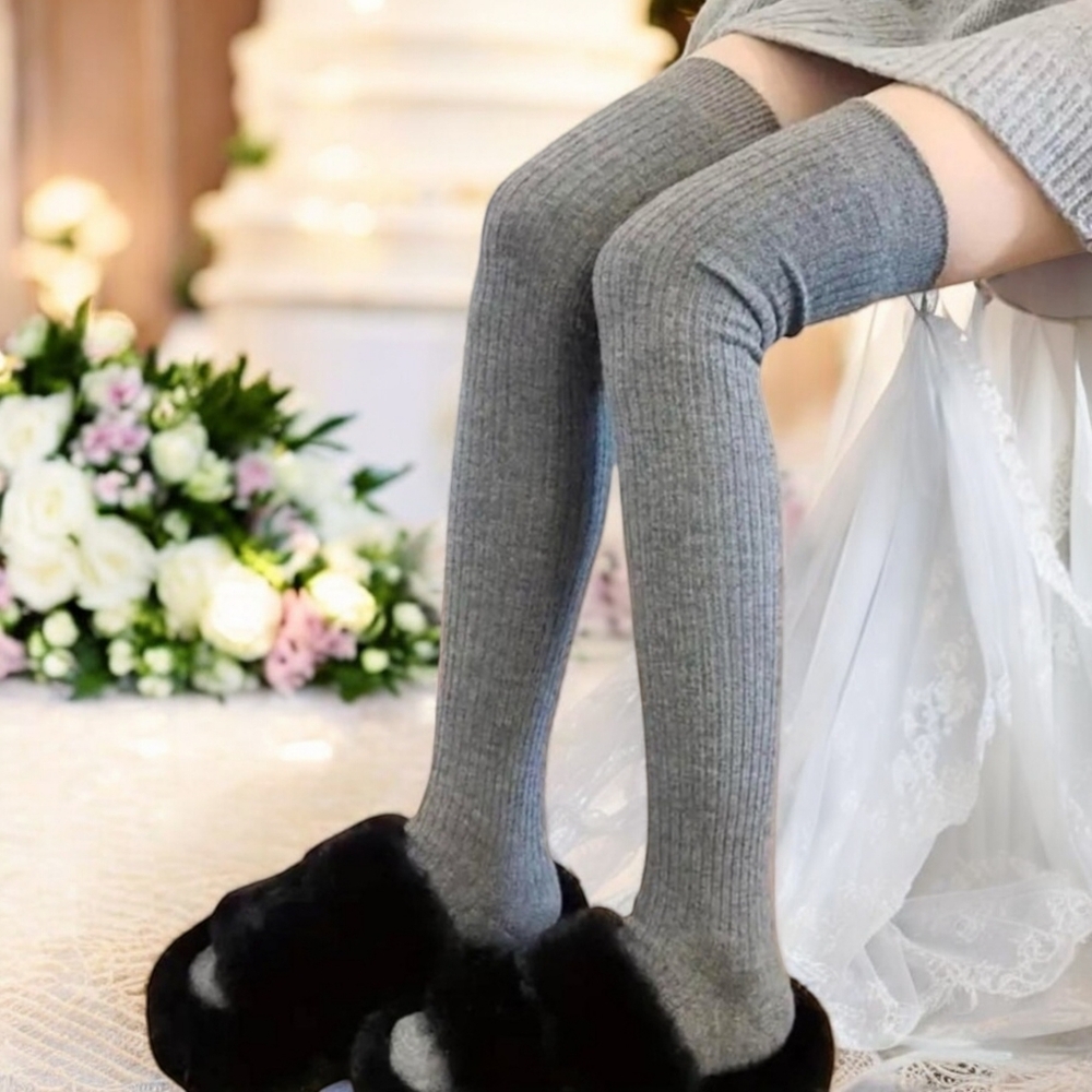 Pair of Gray Thigh-High Soft, Warm, Comfy, Over Knee, Nylon Stockings One Size